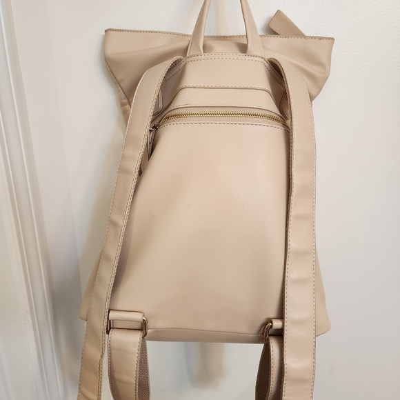 Minimalist Cream Faux Leather Roll-Top Backpack - Woven Pocket - Fits Tablet - Picture 5 of 8